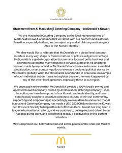 Statement from Al Maousherji Catering Company - McDonald’s Kuwait