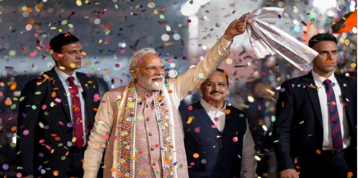 नरेंद्र मोदी ने बंगाल जीत को वर्षों की साधना बताया, धोती में मुख्यालय पहुंचे, कार्यकर्ता खुश